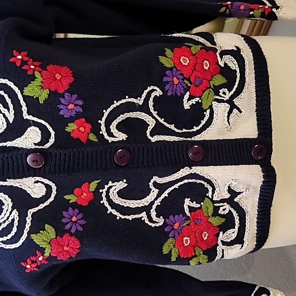 HERMAN GEIST hand embroidered coastal granny cardigan sweater size large blue - Picture 3 of 16